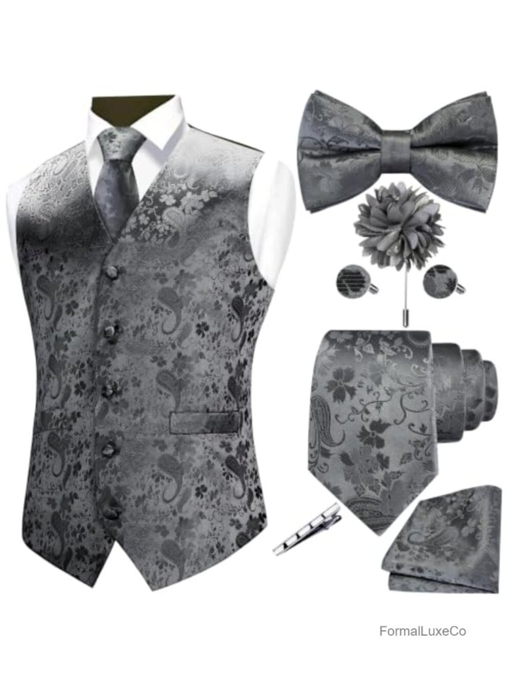 Paisley Vest Tie Bow Tie Hanky Lapel Pin Cufflinks Set Wedding 7PCS